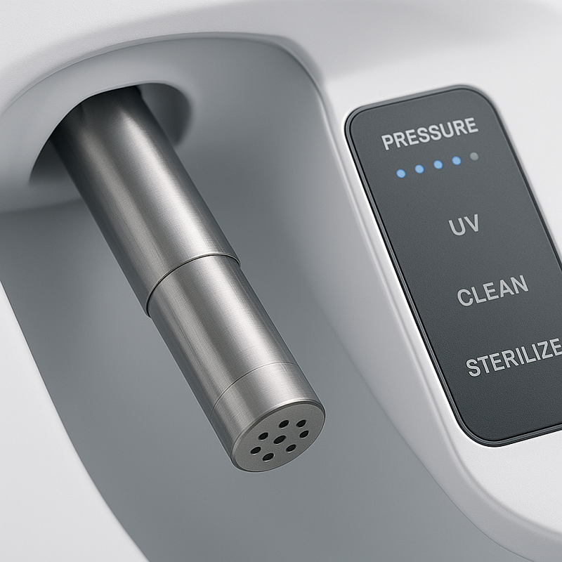 A close-up of smart toilet technology, focusing on the bidet nozzle and control system